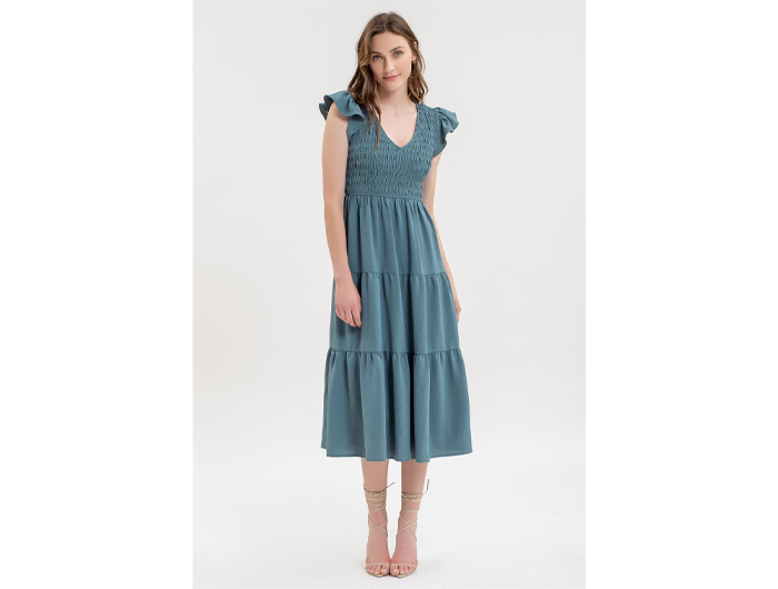 knee length dresses for ladies GRACELLE- Flutter Sleeve Print Tiered Midi Dress M / Blue main image 1