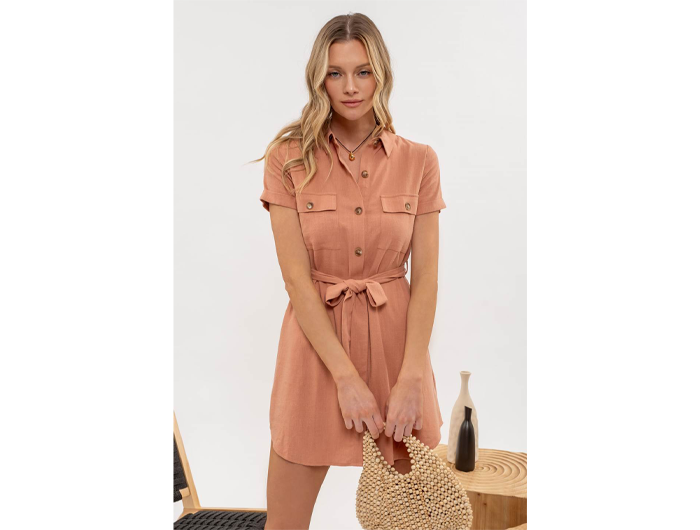 Blu Pepper Women's Belted Collared Button Down Dress