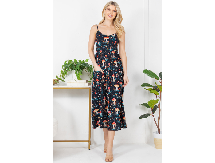 LA Soul Women's Button Front Cami Dress XL / Mushroom Garden Print