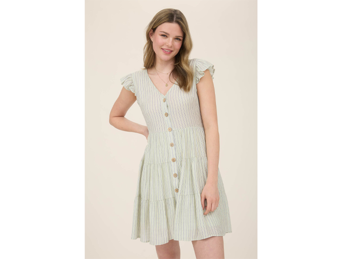 Blu Pepper Women's Striped Button Front Tiered Mini Dress