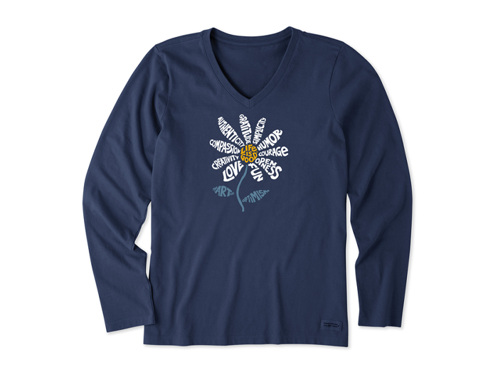 Life is Good Women's Long Sleeve Crusher Vee - Superpowers Daisy