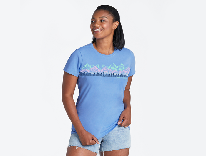 Life is Good Women's Crusher Tee - Woodblock Mountain Scene