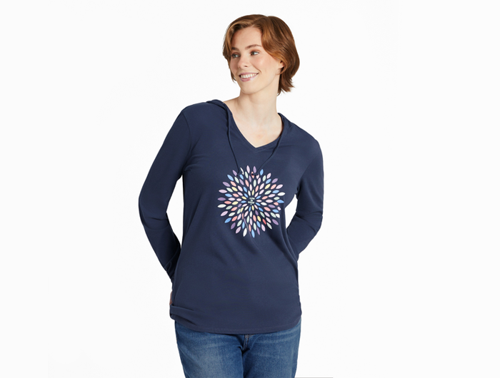 Life is Good Women's Long Sleeve Hooded Crusher Lite Tee - Pretty Flower Burst