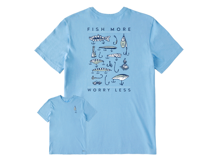 Life is Good Men's Crusher Tee - Fish More Worry Less Hooks and Tackle