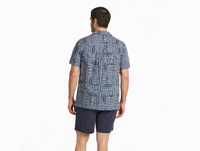 Life is Good Men's Camp Shirt - Beach Woodblock Pattern