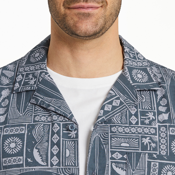 Life is Good Men's Camp Shirt - Beach Woodblock Pattern