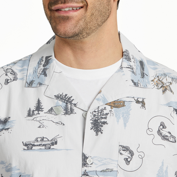 Life is Good Men's Camp Shirt - Outdoor Fishing Landscape Pattern