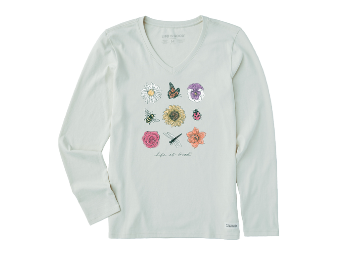 Life is Good Women's Long Sleeve Crusher Vee - Fineline Bugs and Flowers Grid