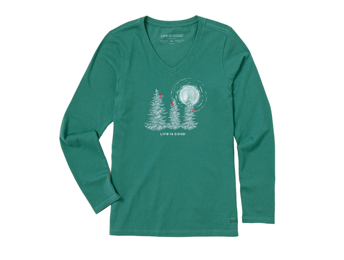 Life is Good Women's Long Sleeve Crusher Lite Vee - Snowy Pines with Cardinals