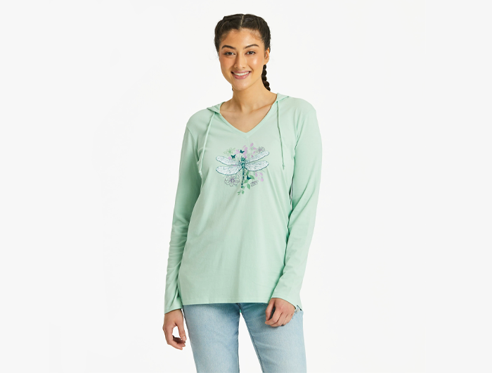 Life is Good Women's Long Sleeve Hooded Crusher Lite Tee - Floral Backdrop Dragonfly