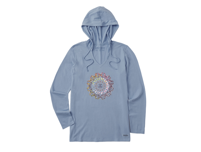 Life is Good Women's Long Sleeve Hooded Crusher Lite Tee - Tie Dye Butterfly Daisy Mandala