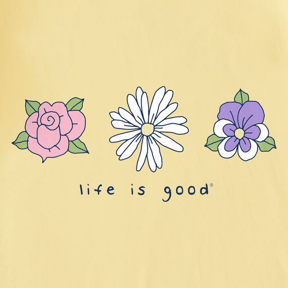 Life is Good Women's Long Sleeve Hooded Crusher Lite Tee - 3 Flowers Rose Daisy Pansy