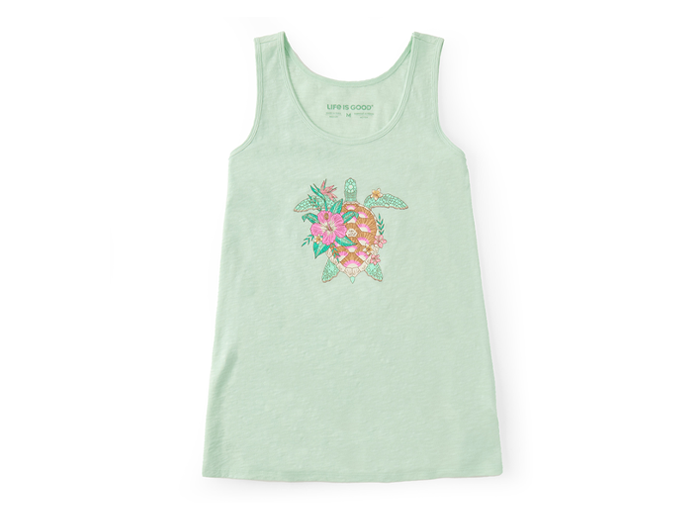 Life is Good Women's Textured Slub Tank - Fine Line Tropical Floral Turtle