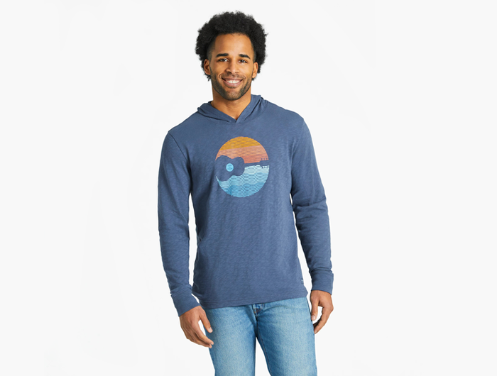 Life is Good Men's Textured Slub Hoodie - Guitar Sunset Circle