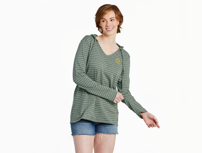 Life is Good Women's Long Sleeve Striped Hooded Crusher Lite Tee - Sunflower