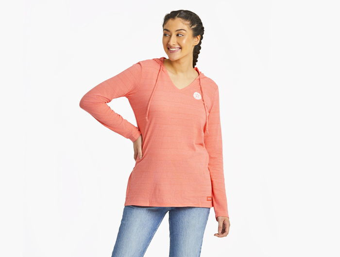 Life is Good Women's Long Sleeve Striped Hooded Crusher Lite Tee - Sand Dollar