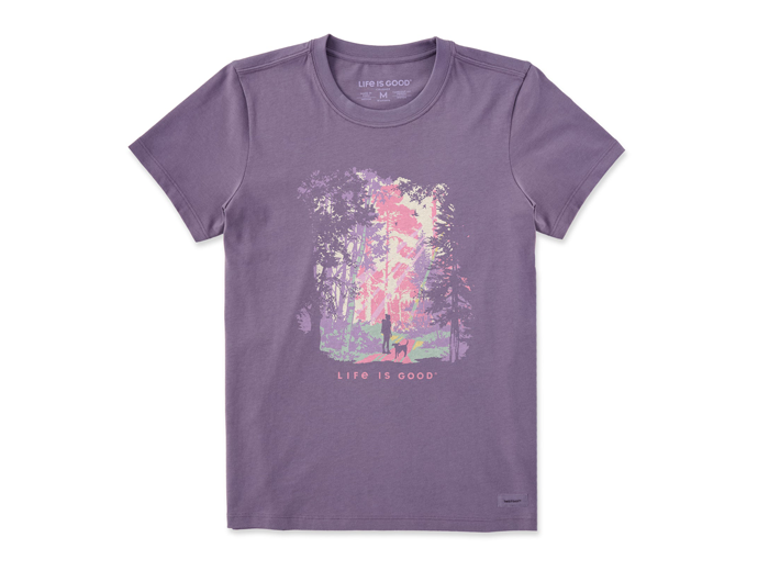 Life is Good Women's Crusher Tee - Hiker with Sunbeams in the Woods