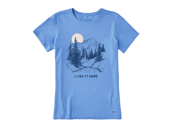 Life is Good Women's Crusher Tee - I Like it Here Take it Outside Mountains