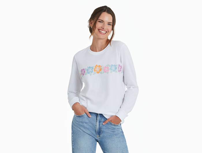 Life is Good Women's Long Sleeve Crusher Tee - Row of Hibiscus