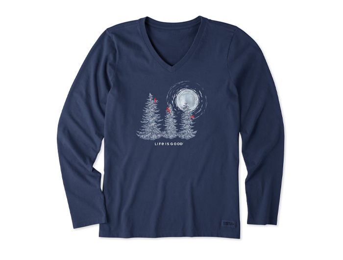 Life is Good Women's Long Sleeve Crusher Vee - Snowy Pines with Cardinals