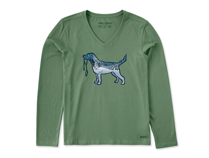 Life is Good Women's Long Sleeve Crusher Vee - Snowscape Dog