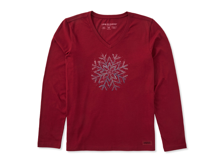 Life is Good Women's Long Sleeve Crusher Lite Vee - Sparkle Snowflake