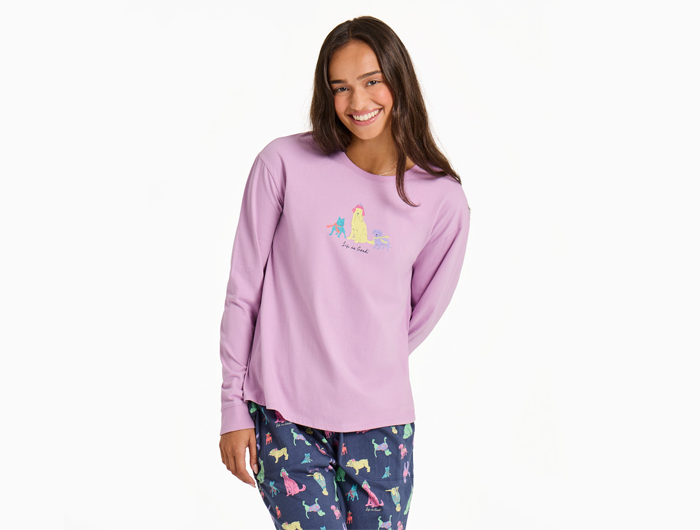 Life is Good Women's Long Sleeve Snuggle Up Sleep Tee - Warm Winter Dogs Trio