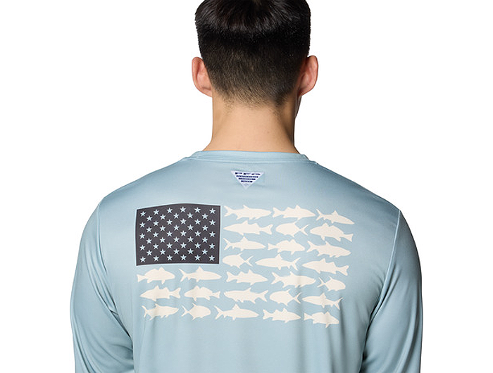 columbia performance fishing gear shirts Columbia Men's Terminal Tackle PFG Fish Flag Long Sleeve Shirt White/Collegiate Navy / L