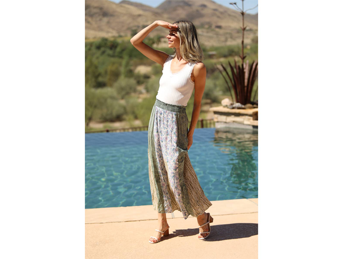 Angie Women's Godet Hem Patchwork Midi Skirt