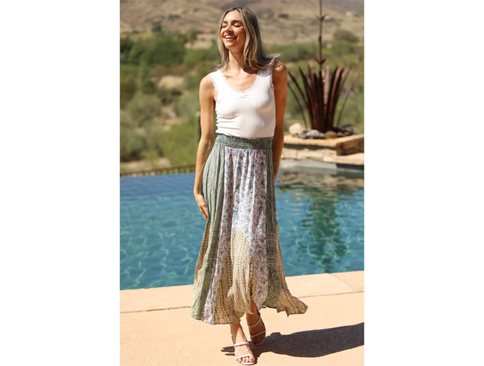Angie Women's Godet Hem Patchwork Midi Skirt