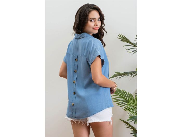 Blu Pepper Women's Chambray Split Neck Button Back Shirt