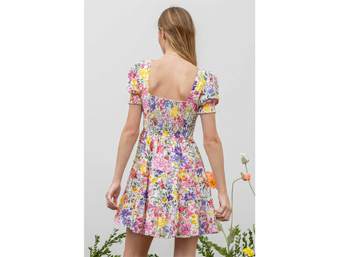 Blu Pepper Women's Spring Floral Square Neck Puff Sleeve Mini Dress