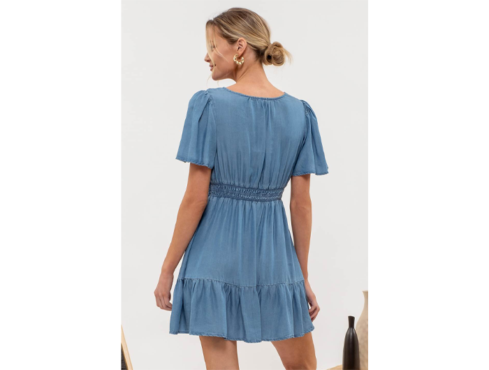 Blu Pepper Women's Split Neck Shirred Waist Chambray Dress