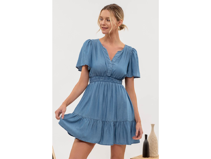 Blu Pepper Women's Split Neck Shirred Waist Chambray Dress