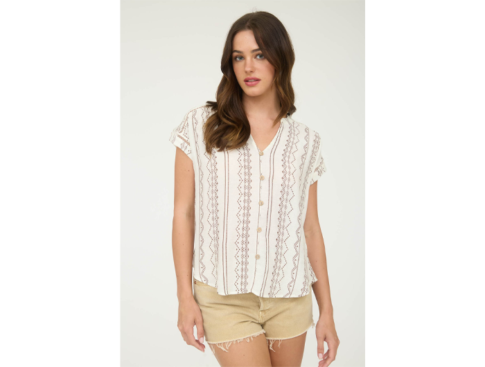 Blu Pepper Women's Geo Pattern Button Down Split Neck Top