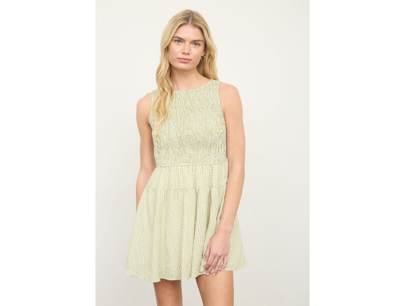 Blu Pepper Women's Gingham Smocked Top Tank Mini Dress M / Light Olive
