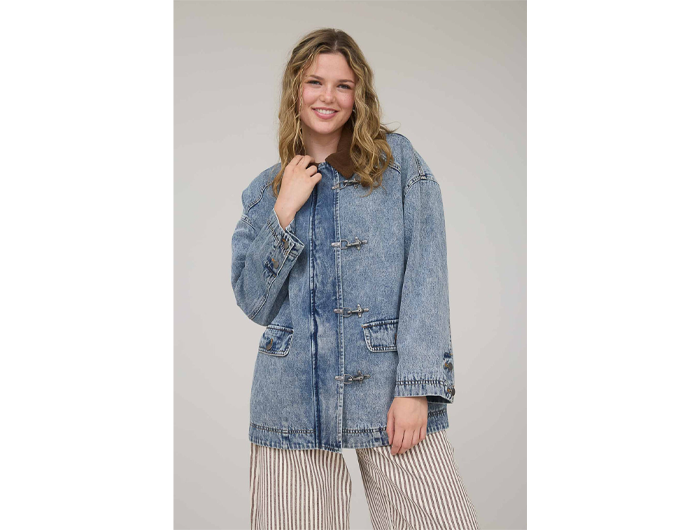 Blu Pepper Women's Corduroy Collar Denim Long Jacket