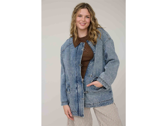Blu Pepper Women's Corduroy Collar Denim Long Jacket