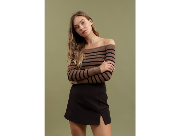 Blu Pepper Women's Off-the-Shoulder Striped Sweater L / Mocha Blu Pepper Women's Off-the-Shoulder Striped Sweater L / Mocha