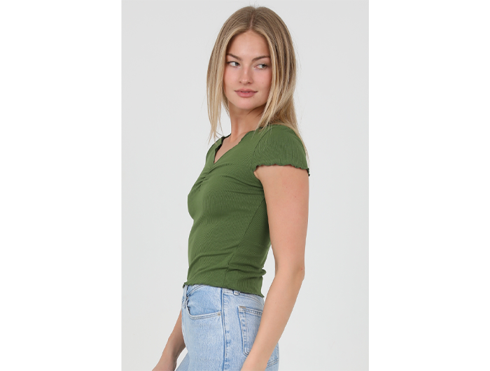 Angie Women's V-Neck Lettuce Edge Ribbed Tee