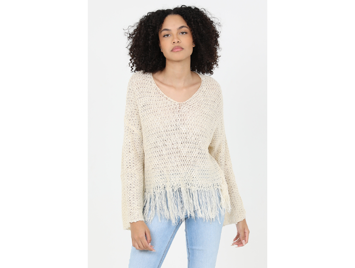 Angie Women's V-Neck Fringe Hem Sweater