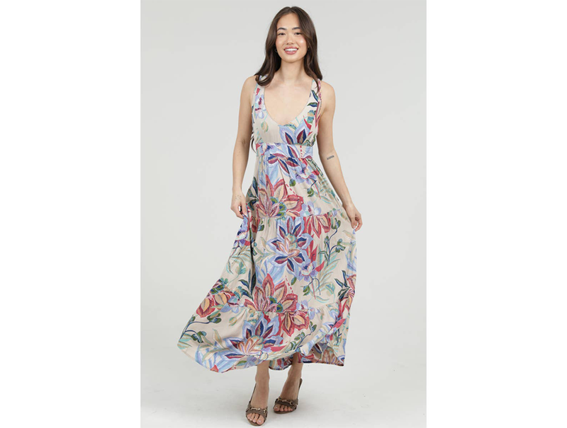 Angie Women's Cutout Tie Back Tiered Maxi Dress S / Stone