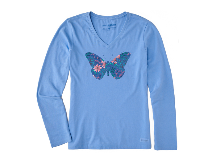 Life is Good Women's Long Sleeve Crusher Lite Vee - Wildflower Butterfly