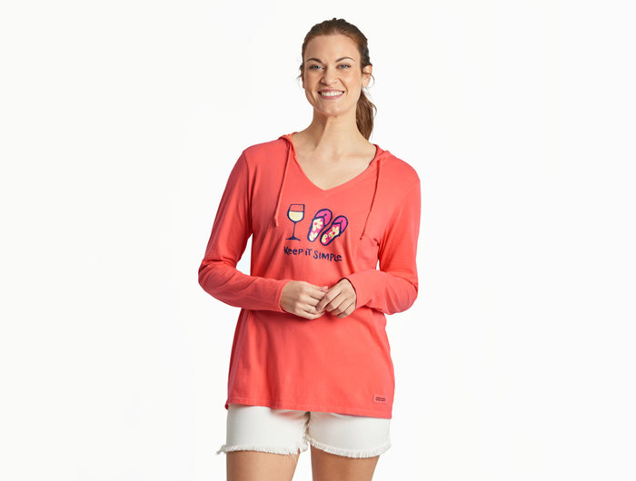 Life is Good Women's Long Sleeve Hooded Crusher Lite Tee - Keep It Simple Wine and Flips