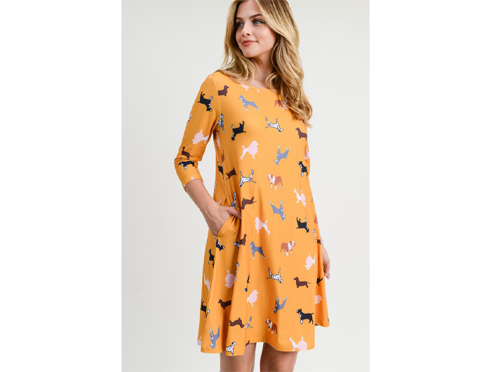 Yelete Women's 3/4 Sleeve Dog Print Dress