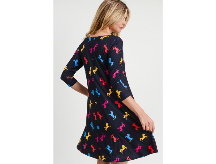 Yelete Women's 3/4 Sleeve Unicorn Print Dress