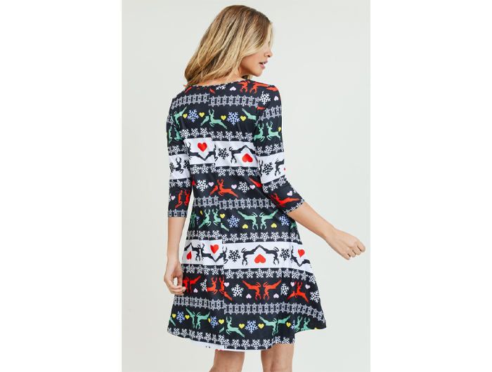 Yelete Women's 3/4 Sleeve Reindeer Print Dress - FINAL SALE