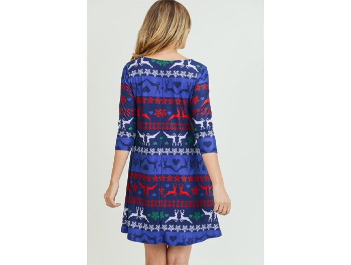 Yelete Women's 3/4 Sleeve Reindeer Print Dress - FINAL SALE